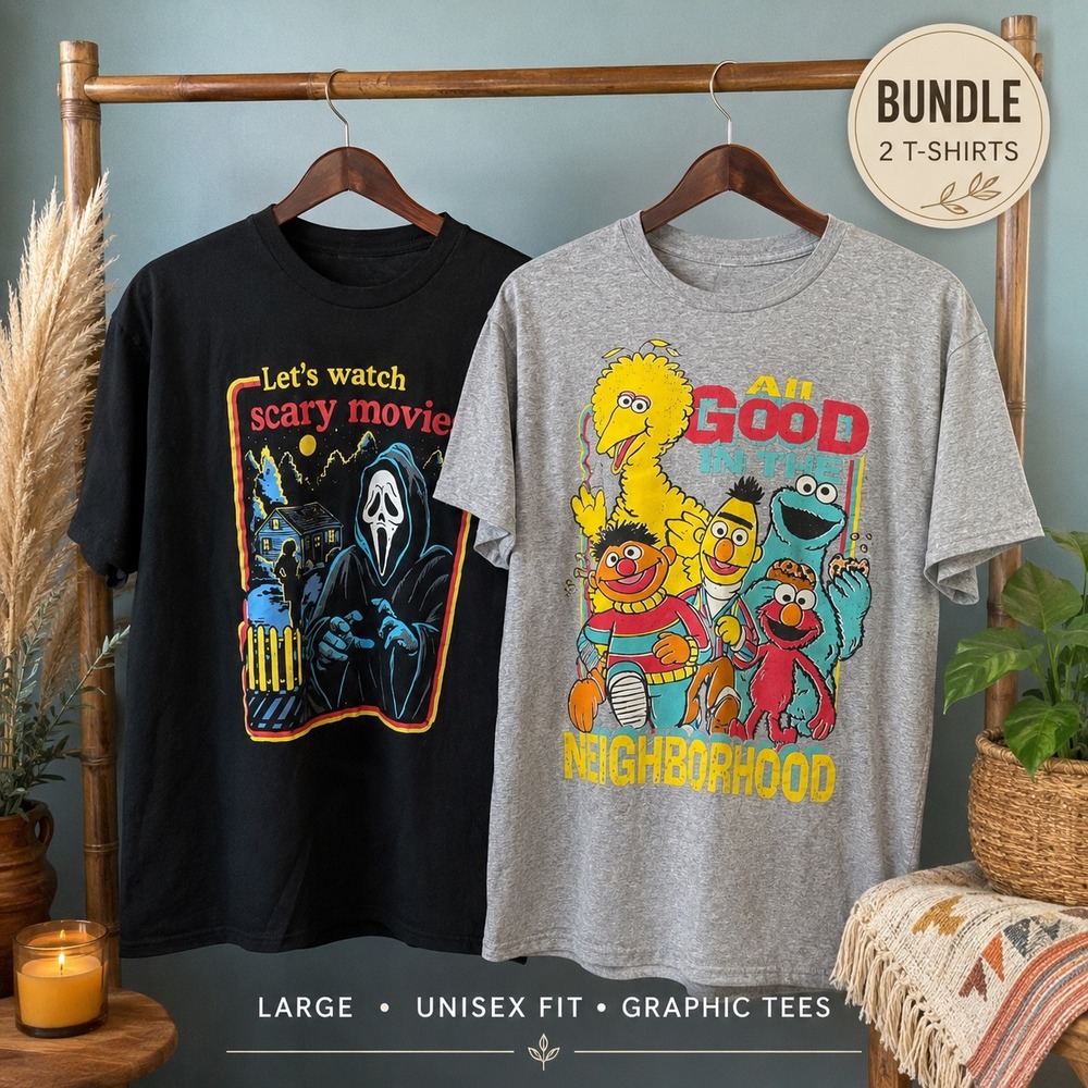 Graphic Tee Bundle Ghost Face Scary Movies & Sesame Street Neighborhood Mens L